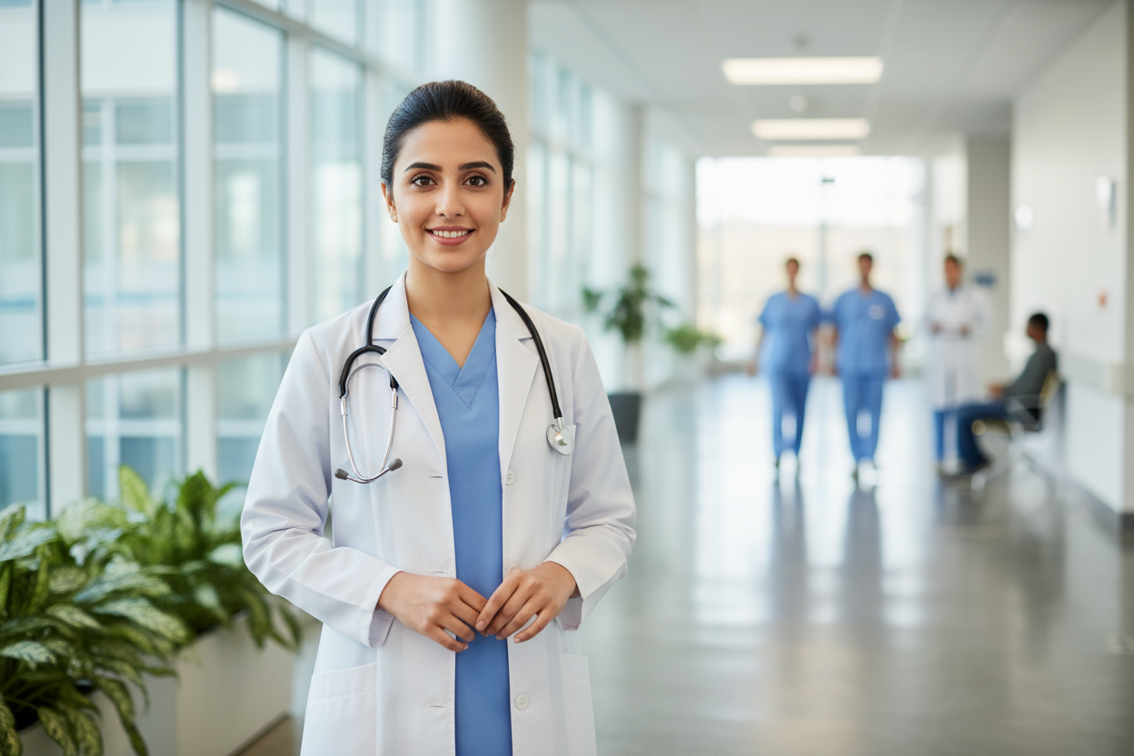 pakistani female young doctor wearning white coat and standing in hospital