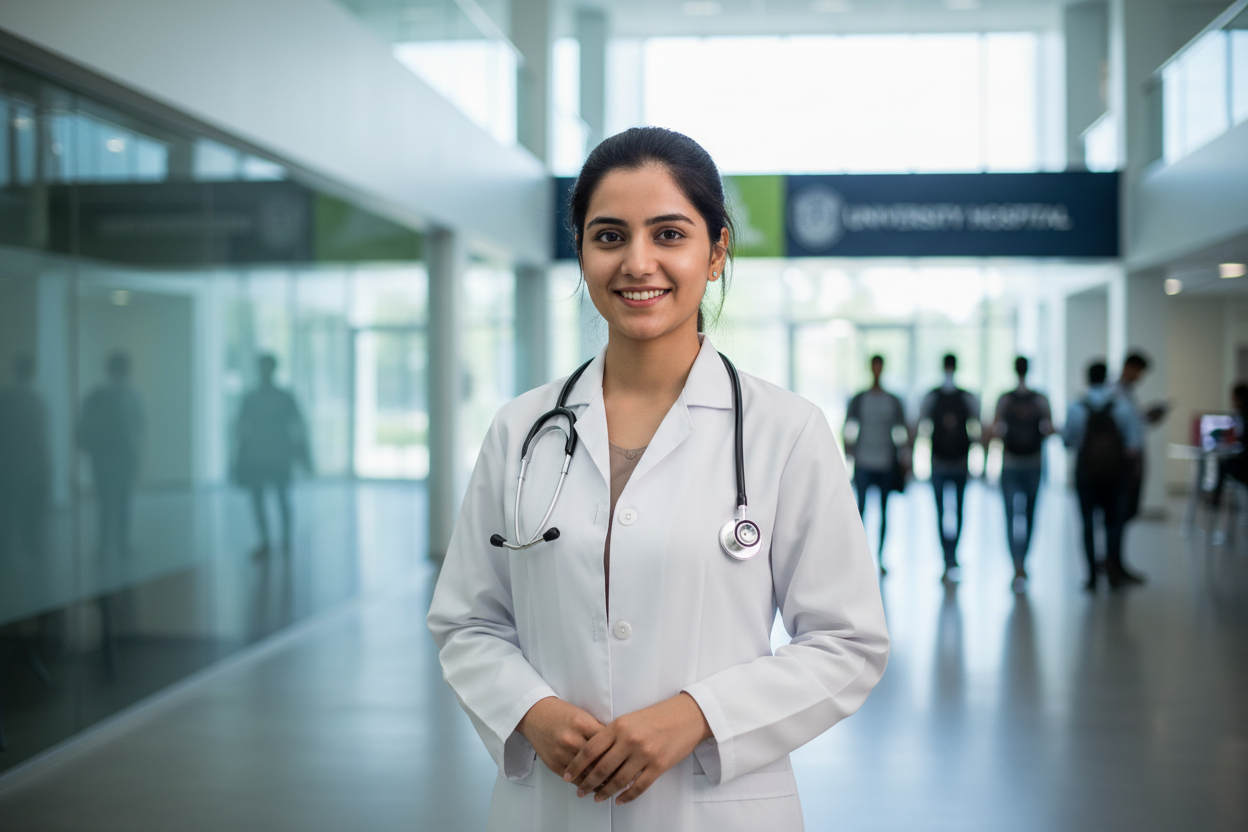 pakistani young female doctor wearing white coat in universty