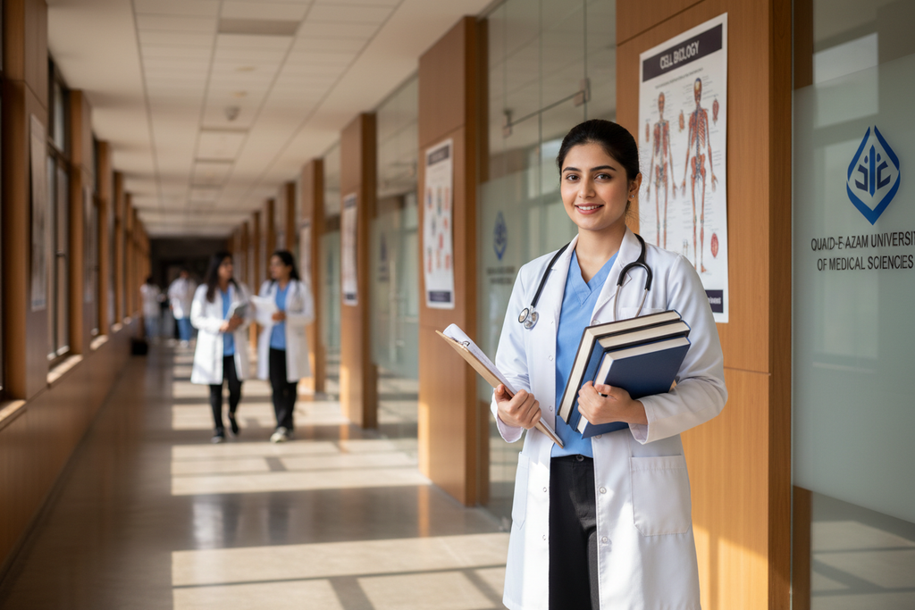 pakistani young female doctor wearning white coat and standing in universty like medical studient