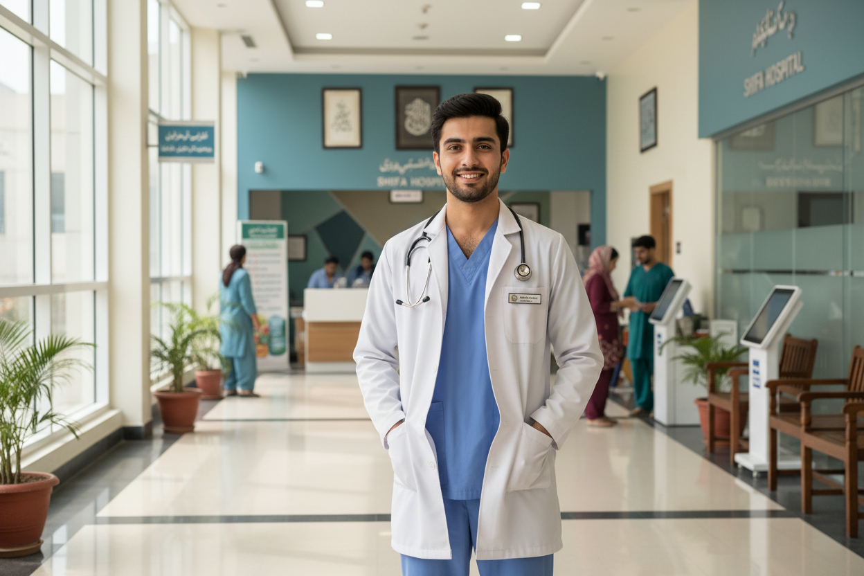 pakistani young male doctor wearing white coat and standing in pakistani hospital